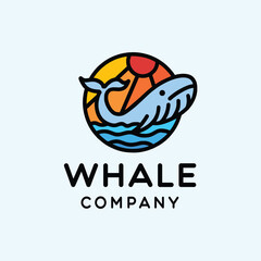 Whale Logo Colorful Vector, Animal Icon Symbol, Wave Creative Vintage Graphic Design