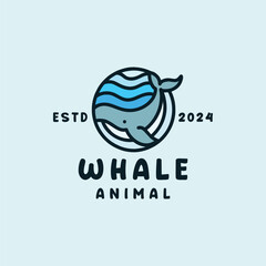 Whale Logo Monoline Vector, Animal Icon Symbol, Wave Creative Vintage Graphic Design