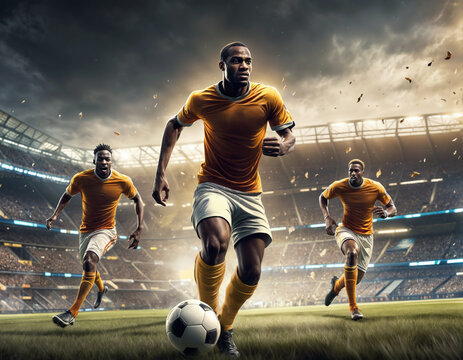 Football player running with the ball and supported by his teammates in a beautiful stadium. Digital art.