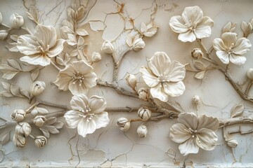 Aged ivory floral bas-relief on a crackled background.