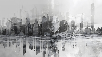 glich art apocalyptic cityscape black and white, destroyed city reflection