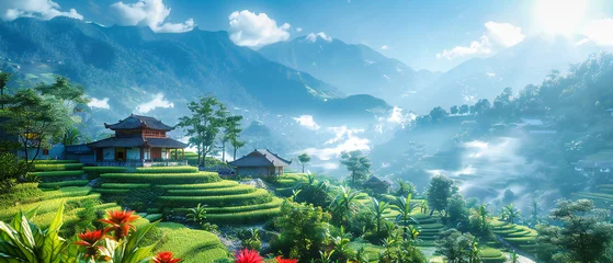 Photo sur Plexiglas Rizières Green terraced rice fields in Asia, embodying the beauty of agriculture and the tranquil landscape of rural farming
