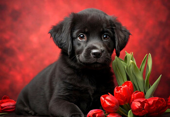 Black puppy with tulips. Banner with a black dog. Beautiful dog on a red background. Portrait of a dog with red tulips.