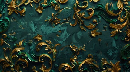 Elegant Teal Upholstery with Golden Baroque Embellishments - obrazy, fototapety, plakaty