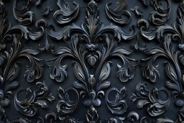 Ornate black baroque floral patterns on a dark background.