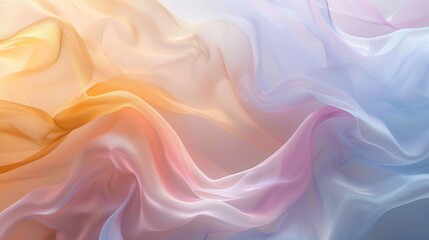 Fototapeta premium Abstract background inspired by the serene dawn of Eid al-Fitr. Light transparent fabric. Smooth gradient of soft pink, golden yellow, and pale blue. AI Generated