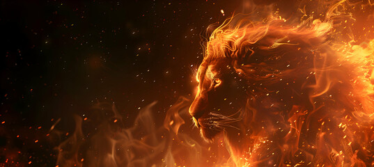 Dangerous Majesty: Lion King in Fiery Portrait - Striking Digital Art with Blurred Fire Background, Offering Empty Space for Text or Logo - Evoking a Powerful Danger Concept