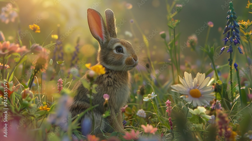 Wall mural cute and fluffy easter bunny sitting among colorful spring flowers in a sunny meadow