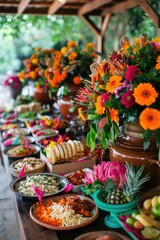 Fototapeta na wymiar Colorful buffet spread with vibrant flowers.