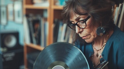 Senior woman enjoying music in  listening bar closeup.  Vinyl record,  vintage old vinil phonograph.