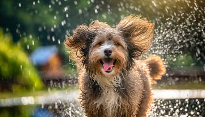 A cute fluffy dog running in the river on a summer day in nature. The concept of vacation, travel, pet products