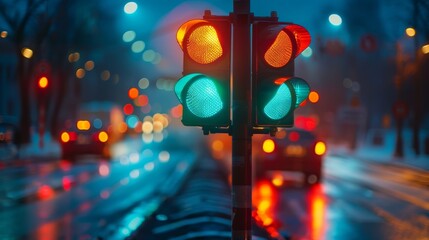 Vibrant traffic lights glowing green and red on a wet city street during a rainy evening commute.