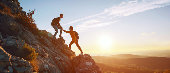 A hiker man helping his friend to reach the top of the hill in the mountain sunset. Success concept. Wilderness photograph generated by AI tools. - 742553996
