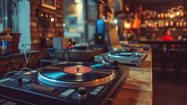 Concept of vinyl and listening bar, communication and  musical experiences,  retro music, music socializing and audiophile community. 