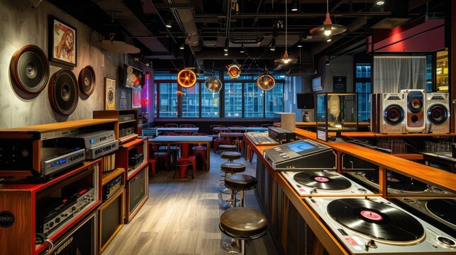 Concept of vinyl and listening bar, communication and  musical experiences,  retro music, music socializing and audiophile community. 