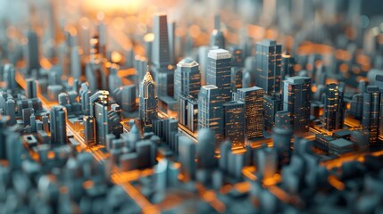 Early morning light cascades across a detailed 3D printed model city, highlighting the complexity of urban structures. - obrazy, fototapety, plakaty