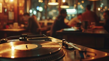 Naklejka premium Concept of vinyl and listening bar, communication and musical experiences, retro music, music socializing and audiophile community. 