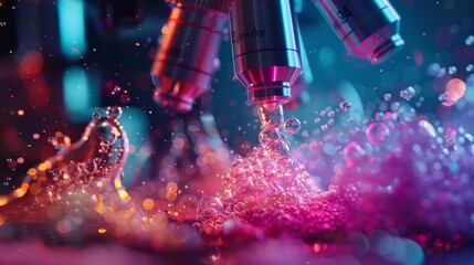 Close-up of microscope optics observing a vibrant chemical reaction with bubbles and vivid colors. - obrazy, fototapety, plakaty