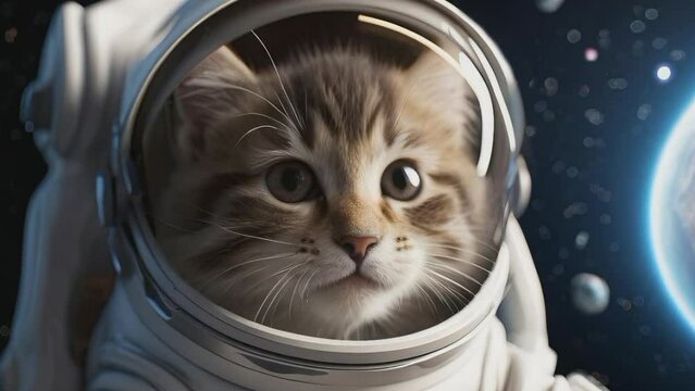Cute cat or kitten in a spacesuit in space against the background of stars and planets.