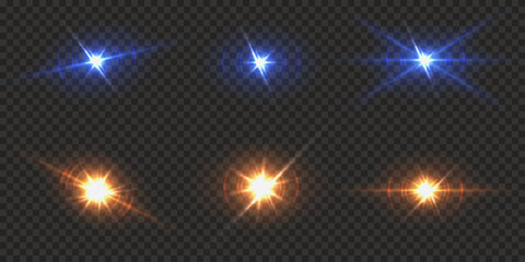 Set of glowing light effects, lens flares, light explosion, sparkle, solar flare, spark and stars. On a transparent background.