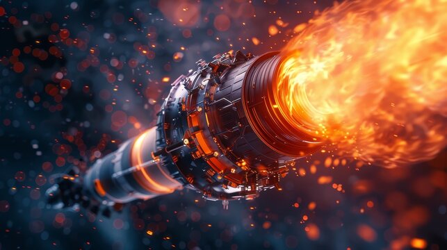 A dynamic combustion reaction within an engine chamber, showcasing brilliant orange flames and energetic particles.