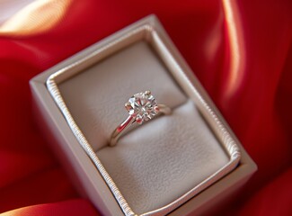 diamond ring in a red gift box. an engagement ring is sitting inside a red box
