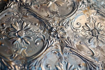 Embossed metal plate with floral pattern. Close-up of decorative metalwork with vintage design.