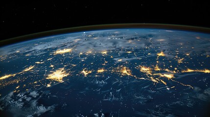 Planet Earth from space showing city lights at night.