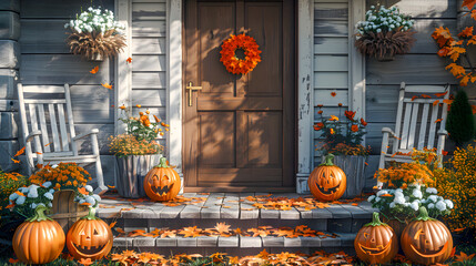Halloween pumpkins jack o' lanterns, flowers and chairs on front porch, exterior home decor, seasonal decorations  - obrazy, fototapety, plakaty