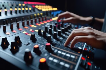 Audio mixer cinsole in professional studio, sound engineering concept