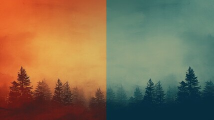 Pine trees silhouette with orange and teal split-tone background.
