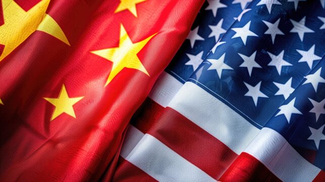 Symbolic Illustration of Sino-American Relations: A Close-Up of the United States and China Flags Draped Together, Representing Diplomacy and International Partnership