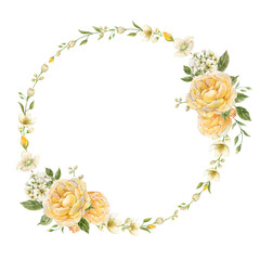 Watercolor asymmetric wreath with rose and jasmine flowers. Retro style. Vintage. PNG. transparent background.