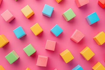 Colorful blocks on pink background in a creative and playful pattern.