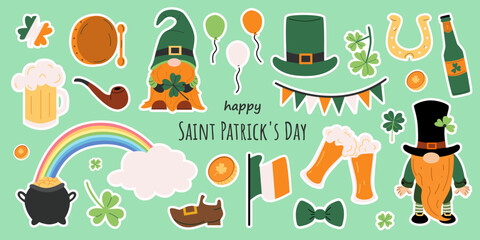 Vector set of stickers for St. Patrick's Day. Irish holiday Saint Patrick's Day. Collection with leprechauns, Irish flag and beer, clover, pot of gold and rainbow. Hand drawn illustration. Banner. - obrazy, fototapety, plakaty
