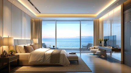 Bedroom interior with ocean view at sunset.