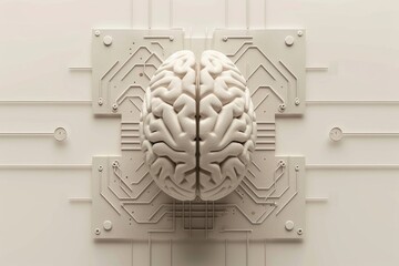 AI Brain Chip object. Artificial Intelligence synchronous human dfm mind circuit board. Neuronal network hardware development smart computer processor molecular beam epitaxy - obrazy, fototapety, plakaty
