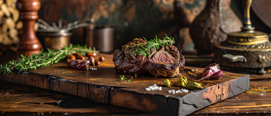Juicy tenderloin steaks resting on a wooden board, seasoned with fresh herbs and aromatic spices