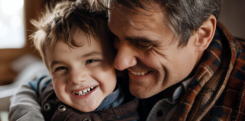 A happy smiling father or grandfather hugs a cute little son or grandson. Close up family photograph. - 742558347