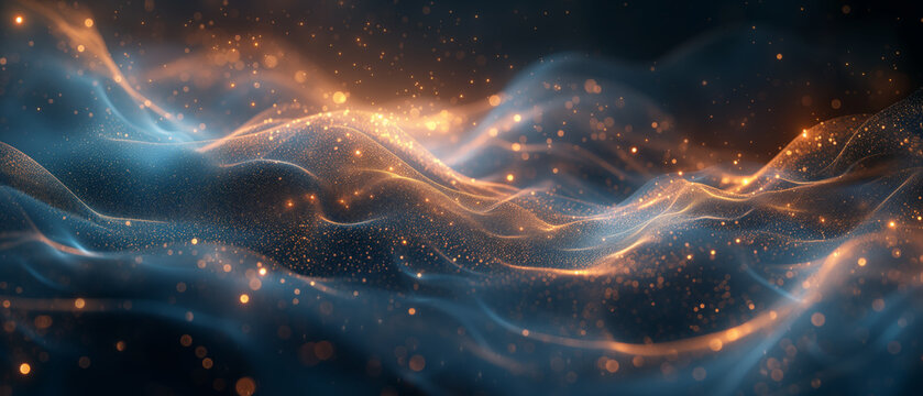 A mystical dance of blue and gold, where sparkling waves meet a sprinkle of cosmic stardust