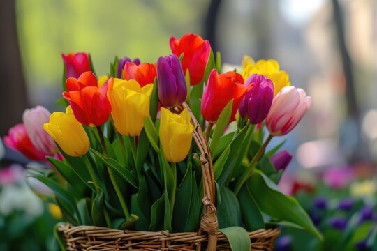 Vibrant tulips in a basket.