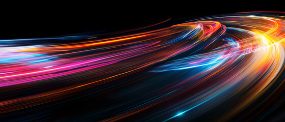 Vibrant streaks of color race across a black canvas, a dynamic burst of energy in motion