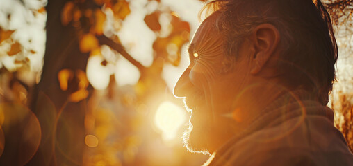 Head shot of a happy smiling retired old man watching the sunset outside among the trees of a garden. Background with room for text. - 742558575