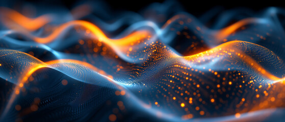Glowing neon waves ripple across a digital sea, illuminated by a golden light