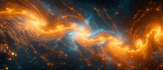 Swirling golden currents carve through the celestial blue, a dance of fire and sapphire