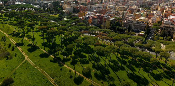 Aerial view on the houses and buildings of Primavalle district in Rome, Italy. In foreground there is Pineto Park.