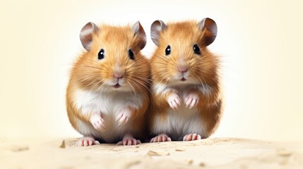 Two golden hamsters on a beige background. Studio pet portrait.