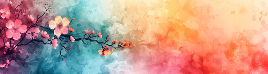 A floral branch stretches across a watercolor gradient, a harmonious blend of nature and art