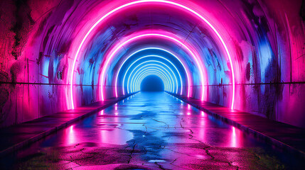 Futuristic tunnel with glowing neon lights, creating an abstract and modern design with a deep...