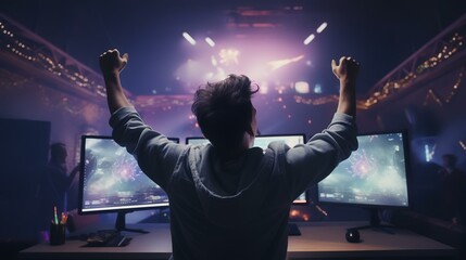 Rear View of Professional eSports Gamer Rejoicing


